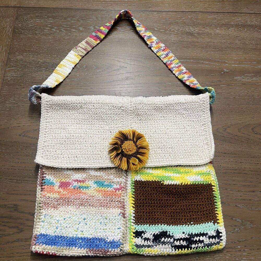 Crochet Patchwork Shoulder Bag Multicolor Sunflower Boho Hippie Flap